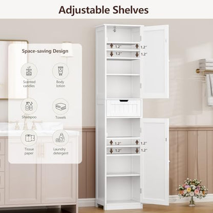 Iwell 67" Tall Bathroom Cabinet, Storage Cabinet with 2 Doors & 1 Drawer, Bathroom Storage Cabinets with Adjustable Shelves, for Living Room, Entryway, Home Office, White