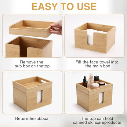 Bamboo Face Towel Holder with 120 XL Towels - Open-Top Skincare Organizer for Facial Cleansing Wipes & Beauty Essentials - Bathroom Countertop Vanity Organizer