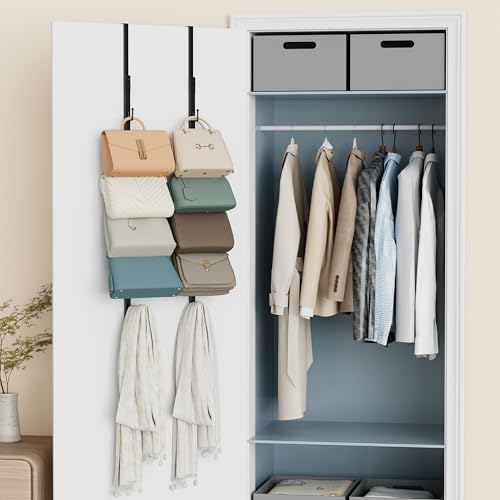 Over The Door Purse Organizer - 2 Packs Wall Mounted Purse Rack with 8 Hooks Design, Hanging Handbag Organizer Storage Holds up to 16 Bags, Bag Rack for Closet, Door (Black)