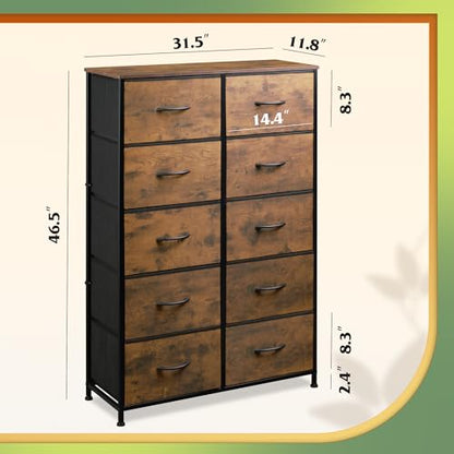 WLIVE Tall Dresser for Bedroom, Rustic Brown Wood Grain Print | 10 Drawers, Fabric Dresser for Closet, Storage Tower with Cabinet, Metal Frame