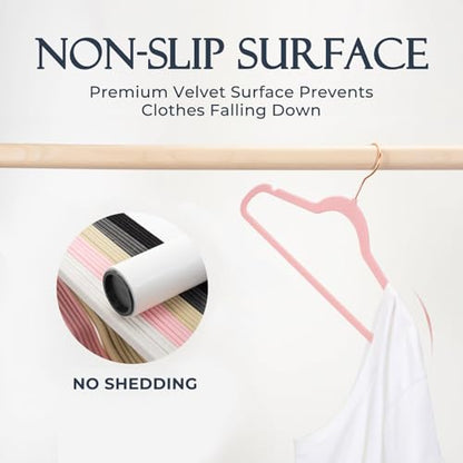 HOUSE DAY Pink Velvet Hangers 60 Pack, Premium Non-Slip Felt Clothes Hanger | Durable Space Saving Hangers, Sturdy for Suits, Heavy Duty Coat + No Hanger Marks, 360° Swivel Rotating Rose Gold Hook