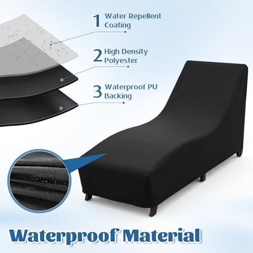 2 PCS Patio Chaise Lounge Cover Waterproof, Patio Lounge Chair Protector with Windproof Straps, Black Durable Patios Furniture Covers for Outside Stackable Cushions and Outdoor Furniture (83×30×32in)