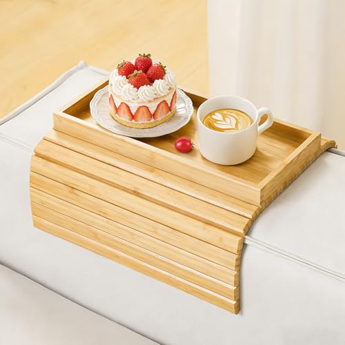 Couch Arm Tray, Bamboo Sofa Armrest Tray for Couch，Natural | Anti-Slip Couch Armrest Table, Foldable Couch Cup Holder for Dessert, Phone, Control, Cups