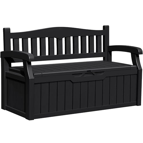 Greesum 80 Gallon Outdoor Storage Bench, Deck Box, Dark Black | Weather-Resistant Patio Furniture Bench for Backyard, Garden, Porch,Seat for Pillows Cushions Patio Accessories
