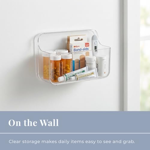 Adhesive Wall Organizer Bin, No-Drill, Clear, 7.1 x 3.15 x 4.75 in | BPA-Free PET, Built-In Drain Holes, Detachable, Easy-Reach Storage for Small Items Like Phones, Remotes, or Sponges