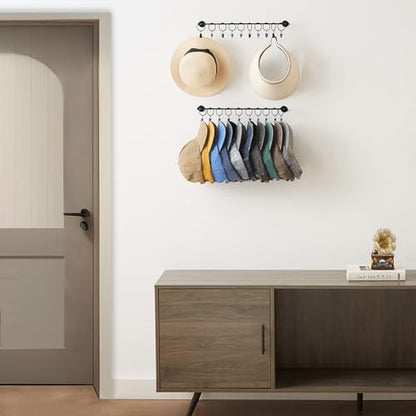 Hat Rack for Baseball Cap Hat Storage with 20 Hooks - Modern Metal Hat Organizer Wall Mounted Caps Hanger Set of 2 for Closet Door Bedroom Entryway Laundry