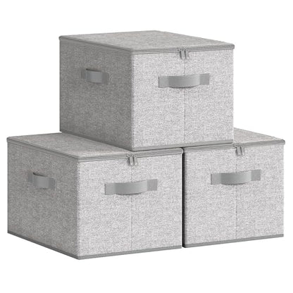 SONGMICS Large Storage Bins with Lids, 31 Quart Fabric Closet Organizer With Zipper, 3 Pack Foldable Storage Boxes, 15.7 x 11.8 x 9.8 Inches, Dove Gray URZB003W01