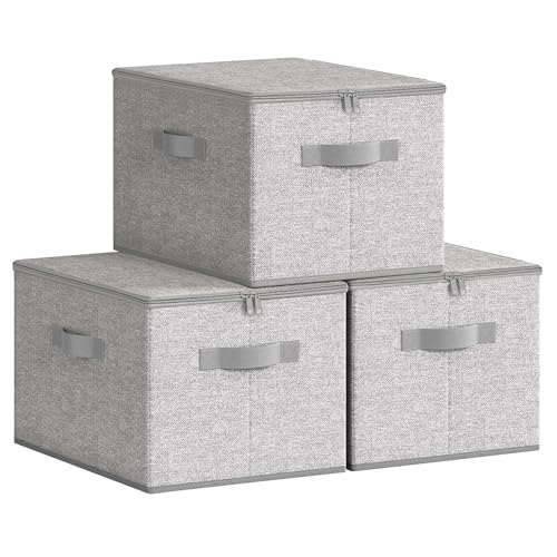 SONGMICS Large Storage Bins with Lids, 31 Quart Fabric Closet Organizer With Zipper, 3 Pack Foldable Storage Boxes, 15.7 x 11.8 x 9.8 Inches, Dove Gray URZB003W01