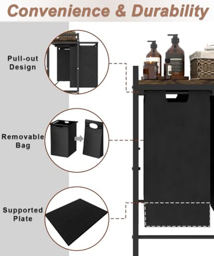 10 x 3 Gal Large Laundry Hamper, Rustic Brown and Black | Freestanding Clothes Basket Organizer with 3 Pull-Out & Removable Sorter Bags for Clothing or Toys in Bathroom & Living Room