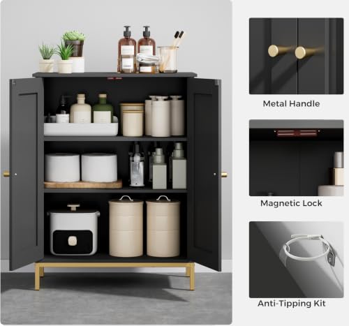 Bathroom Storage Cabinet, Freestanding Floor Cabinet, Black | Bathroom Organizers and Storage, Adjustable Shelves, Small Cabinet for Bathroom Living Room Laundry Room