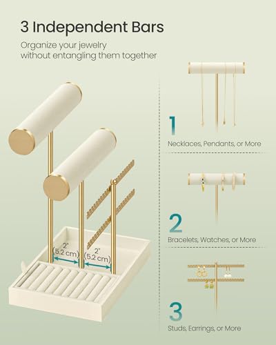 SONGMICS Bracelet Holder Stand, Jewelry Display Stand, Jewelry Organizer, with 2 Tiers and Velvet Tray, Earring Organizer, Removable Ring Holder, Cream White and Pale Gold UJJS046W101