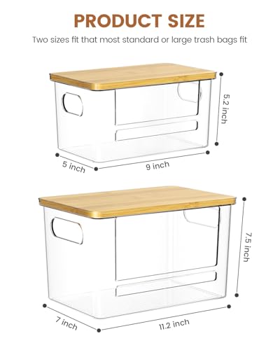 Trash Bag Dispenser 2 Pack, Stackable Trash Bag Holder with Bamboo Lid – Clear Plastic Garbage Bag Organizer for 4-33 Gal Bags, Space-Saving Under Sink Organizer for Kitchen, Laundry, Pantry