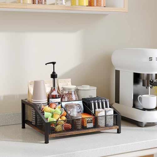Coffee Station Organizer - Coffee Bar Organizer with Removable Dividers for Pods Condiment Syrup Tea Stirrers, K Cup Holder for Kitchen, Office, Home, Countertop, Brown