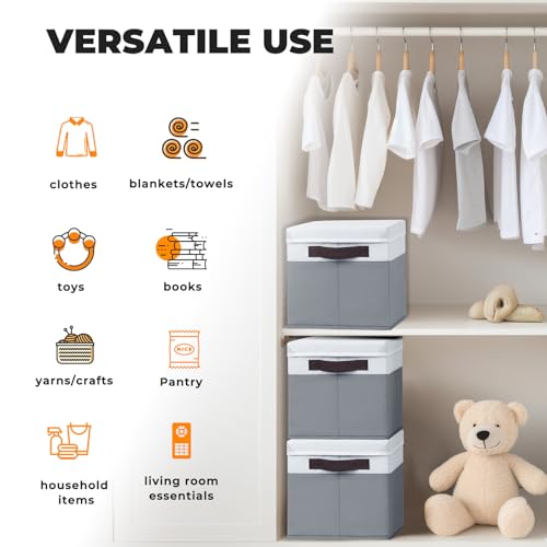 Large Closet Storage Baskets Bins with Lids 4 Pack, Storage Baskets for Organizing Shelves Nursery Bedroom, Home Dorm Closet Organizers Cubes for Clothes Toys Blanket Book - Stackable -14x10x9.5