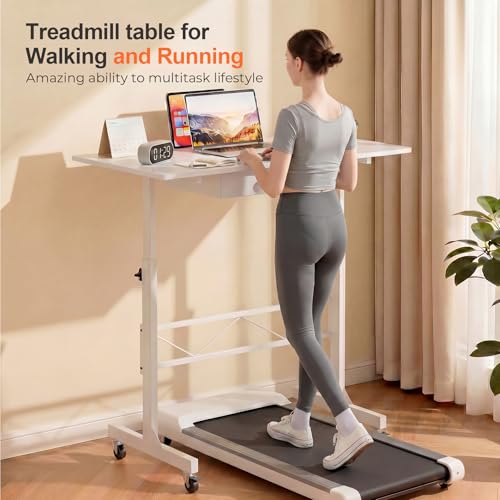 COMHOMA Small Standing Desk with Storage Drawer, Mobile Height Adjustable Rolling Sit Stand Desk with Lockable Wheels 4‑Level Portable Laptop Desk for Small Space Home Office Treadmill Workstation