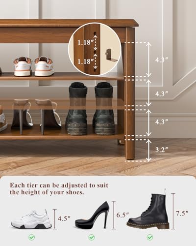 Shoe Rack Bench Seat Rubberwood 3-Tier Wooden Storage Bench 550lbs Compact Mid-Century Modern Design for Entryway, Hallway, Closet, Front Door Entrance, Foyer