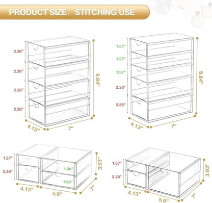 4-Pack Acrylic 16-Drawer Storage & Makeup Organizer for Desk | Smooth-glide drawers, clear acrylic, stackable, dustproof, wipe clean, for office supplies, pens, jewelry, makeup
