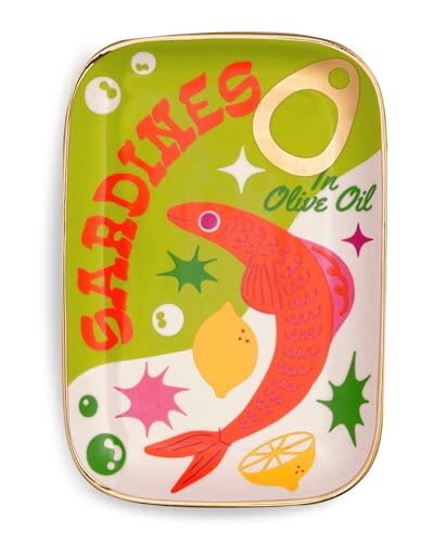 ban.do Novelty Ceramic Trinket Tray, Sardines | 6.5" x 4.5" Jewelry Dish, Small Decorative Tray for Keys or Decor, Cute Food Theme Catchall Tray with Gold Foil