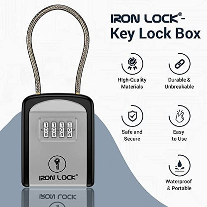 Iron Lock® Key Lock Box with Code, Portable Cable Shackle (Small, Grey) | Holds 2-3 house keys or an access card; 11-in steel cable loops on gate or rail; weather-resistant; no app or battery