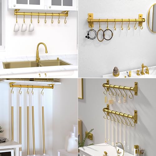 Kitchen Utensil Holder Hanger, Pot and Pan Rack Wall Mounted, Kitchen Rail with 8 Hooks for Hanging Cooking Utensils, Mugs, Spoons, Wall Mounted, Gold