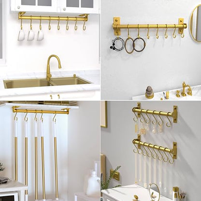Kitchen Utensil Holder Hanger, Pot and Pan Rack Wall Mounted, Kitchen Rail with 8 Hooks for Hanging Cooking Utensils, Mugs, Spoons, Wall Mounted, Gold