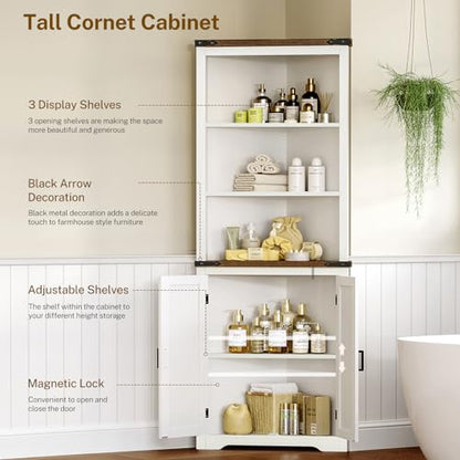 Farmhouse Corner Cabinet, 70" H Tall Corner Hutch with 5 Shelves & 2 Barn Doors, Bathroom Cabinet with Adjustable Shelf, for Living Room, Kitchen, Bathroom, White