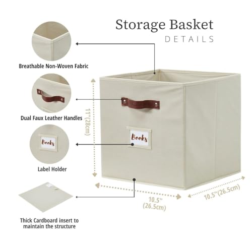 DECOMOMO Storage Bins, Cube Storage Bin with Labels | 10.5" x 11" Fabric Storage Cubes for Shelves (6pcs, Beige)