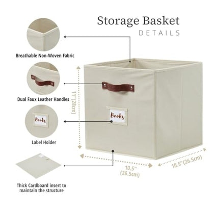 DECOMOMO Storage Bins, Cube Storage Bin with Labels | 10.5" x 11" Fabric Storage Cubes for Shelves (6pcs, Beige)