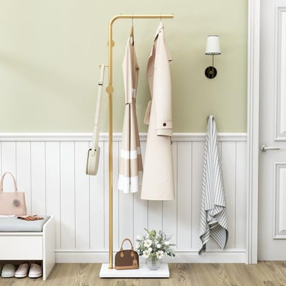 Gold Coat Racks, Metal Coat Racks Freestanding with Crossbar and 3 Hooks, Modern Coat Hanger with Marble Base, L Shaped Coat Stand for Entryway, Bedroom, Living Room, Office