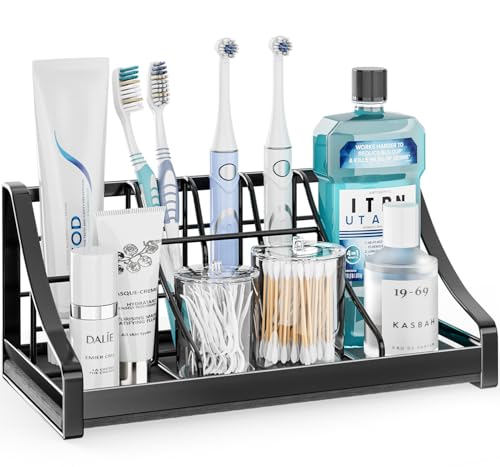 Toothbrush Holder for Bathroom Countertop - 7 Slots 1 Min Drying Organizer | Fit Electric & Manual Toothbrushes Large Capacity Rustproof Toothpaste Storage Non-Slip Bathroom Counter Accessories Black