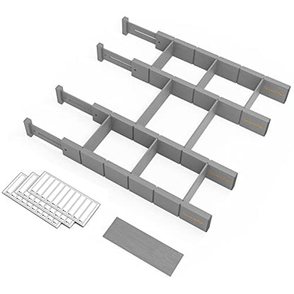 SpaceAid Bamboo Drawer Dividers with Inserts and Labels, Kitchen Adjustable Drawer Organizers, Expandable Organization for Home, Office, Dressers, 4 Dividers with 9 Inserts (17"-22" Gray)