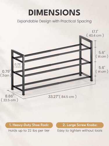 Bumusty 3 Tier Expandable Shoe Rack for Closet, Black | 18"-33" Adjustable Shoe Rack for Entryway, Small Shoe Organizer for Dorm, Front Door, Sturdy Metal