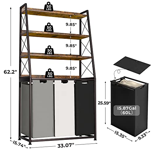 Laundry Basket, 3 Section Laundry Hamper with 4 Tiers Shelf, Pull-Out and Removable Laundry Bags, Large 3 x 15.87 Gallons, for Laundry Room Bathroom Rustic Brown PF05XLN