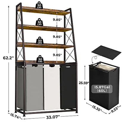 Laundry Basket, 3 Section Laundry Hamper with 4 Tiers Shelf, Pull-Out and Removable Laundry Bags, Large 3 x 15.87 Gallons, for Laundry Room Bathroom Rustic Brown PF05XLN