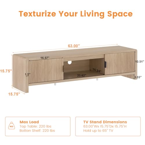 TV Stand for TVs up to 75/65/55 Inch, Wood Entertainment Center with Storage, Farmhouse Waveform Fluted-Door Television Media Console for Living Room, Bedroom (63 Inch W, Light Walnut)