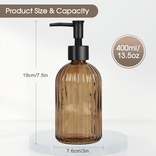 Topsky 2 Pack Glass Soap Dispenser with Black Plastic Pump, 400ml Liquid Hand Soap Dispenser, Rustproof Pump for Kitchen & Bathroom, Great for Lotions, Essential Oil, Liquid Soaps-Amber