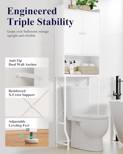 Kitsure 68.1"H Over Toilet Storage Cabinet, Magnetic Door, Adjustable Shelf | Bathroom, Laundry Room, Small Spaces, Families, Multi-Compartment Storage, Anti-Tip Design, White, 3 Tier Storage