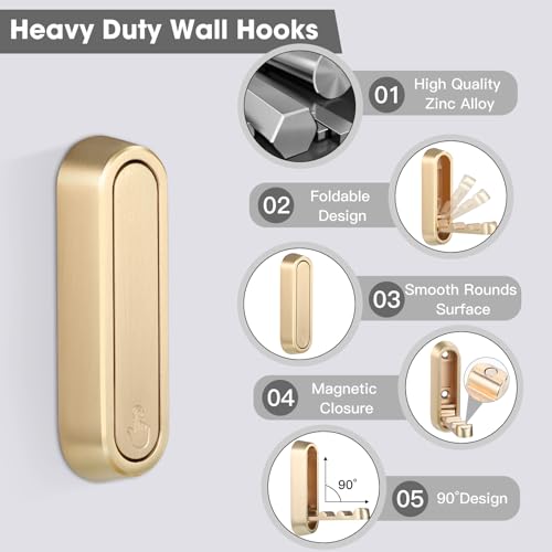 Folding Coat Hooks, Gold, 6 Pack, Wall Hook, Hanging Towels Clothes Bag | 90° Foldable Design, Foldable Hook Wall Mounted, Includes Screws And Anchors, For Hanging Coats Towels Hat Bags Keys