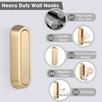 Foldable Wall Hook, Gold, 4 Pack, Screw Mounted, Heavy Duty Coat Hooks | 90° Foldable Design, Wall Mounted, Zinc Alloy, Flip-Down Design, Includes Screws And Anchors, For Bedroom, Entryway, Closet