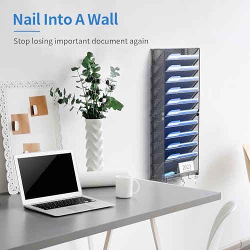OUTWOLF Hanging Wall File Organizer with Hooks, 12 Tier Vertical Wall Mount File Holder, File Folder Wall Organizer for Office