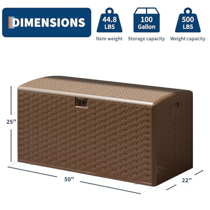 IDEALHOUSE 100 Gal Waterproof Blow Molded Resin Deck Box, Brown | Lockable Outdoor Storage Box with Hydraulic Piston & UV Resistant, Patio Cushion Container for Garden, Backyard, Pool