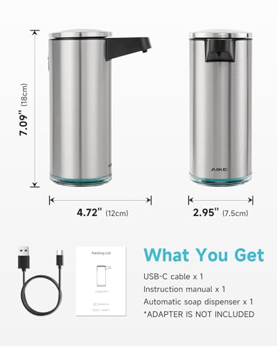 AIKE SensePro Automatic Soap Dispenser 12.8oz Spot Resist Stainless Finish | Type-C Charge with Months Long Standby Time, Adjustable 5 Levels Precise Dispense for Home Dish Soap and Hand Soap
