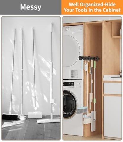 Pull Out Broom Holder With 9 Adjustable Row Sliding Hook - Black 16.14inch | High Load Capacity, Multifunctional Slide Broom And Mop Storage/Organizer Garage Organization Hook, for Closet Laundry Garage