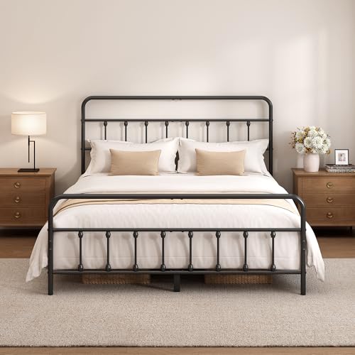 Queen Size Black Metal Bed Frame with Headboard and Footboard, 12 Inch Underbed Storage Space, Heavy Duty Mattress Foundation with Steel Slat Support No Box Spring Needed