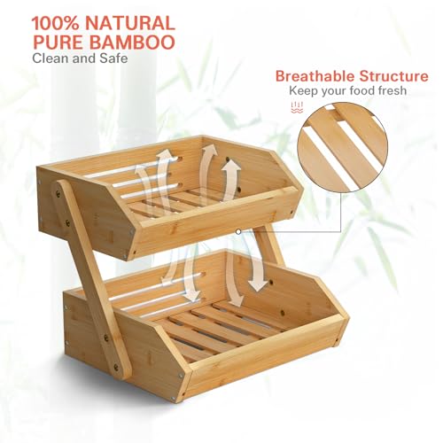 G.a HOMEFAVOR 2-Tier Bamboo Fruit Basket for Kitchen Counter, Self-assembly | Large Fruit Bowl, Vegetable Storage Stand for Fruit Shop, 15 mm Thickness