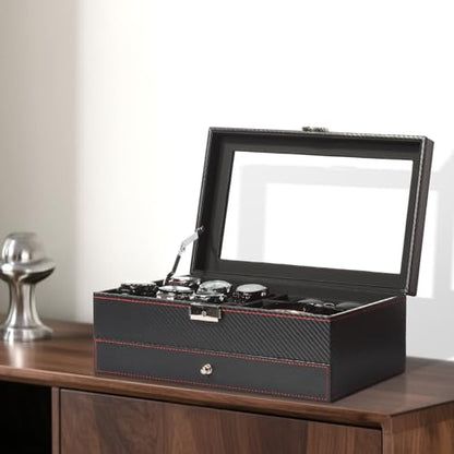 Jewelry Box for Men, 6 Slot Watch Box Jewelry Organizer With Drawer, Watch Case for Men with Large Window, 2-Layer Watch Holder, Sunglasses Storage Organizer, Velvet Lining, Fathers Day Gift