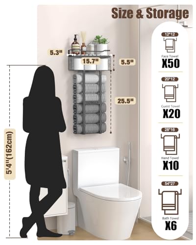 Aetyord Towel Racks for Bathroom 31inch Wall Mounted Towel Rack,Floating Shelf with Wood Plank,Towel Storage for Bathroom can Holds 6 Large Rolled Towels,All Black