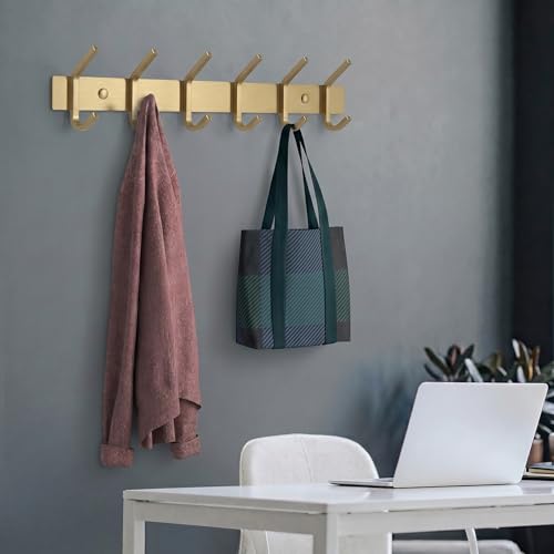 Brushed Gold Wall Mounted Coat Rack – 17 Inch Stainless Steel Rail with 6 Double Coat Hooks for Entryway, Bathroom, Bedroom, Kitchen – Modern Gold Hook Rack for Coats, Hats, Towels