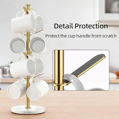 Gold Mug Holder Tree with Marble Base, 8 Hooks Standard Coffee Cups | Mug Holder Stand, Small Mug Rack for Kitchen Cafe Counter