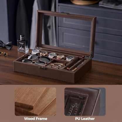 ProCase Men's Jewelry Box, 5-Slot Watch Display Case Jewellry Storage Organizer for Sunglasses Rings Accessories with Hidden Compartment, Watch Holder with Glass Lid, Fathers Day Gift -Espresso